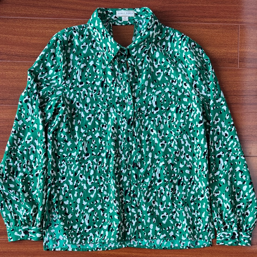 Honey Punch Emerald and White Patterned Button-Down Shirt